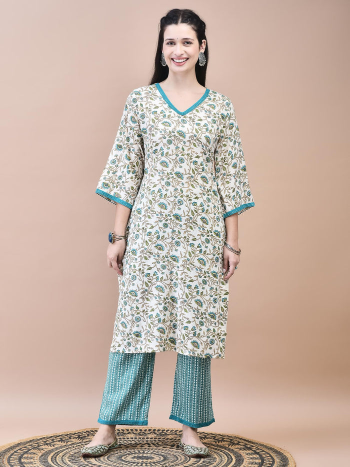 Women Cotton Off-White Teal Floral Print Kurta Comfort Pant Dupatta.