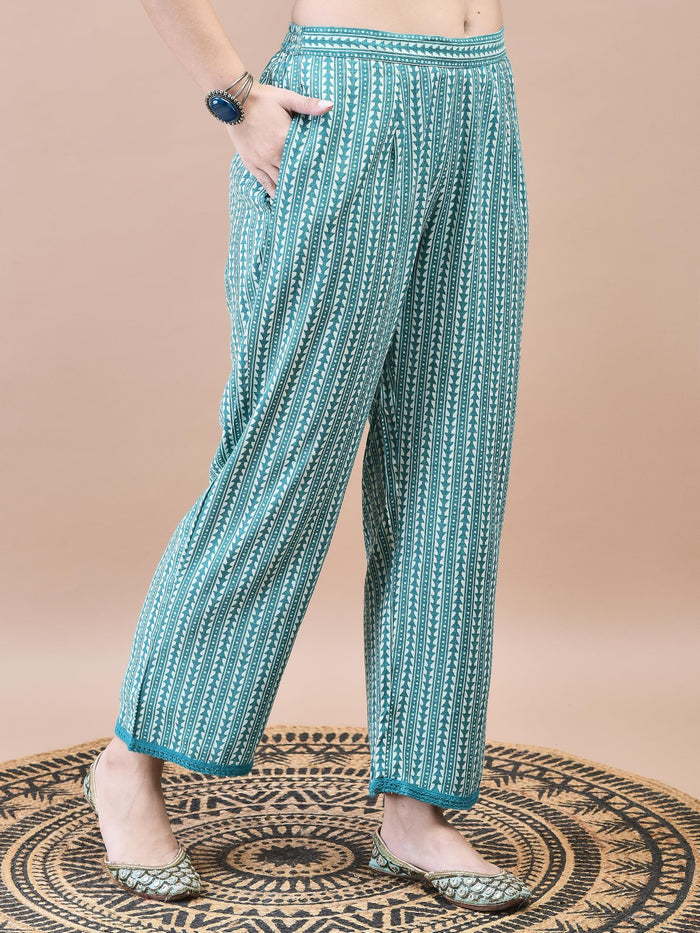 Women Cotton Off-White Teal Floral Print Kurta Comfort Pant Dupatta.