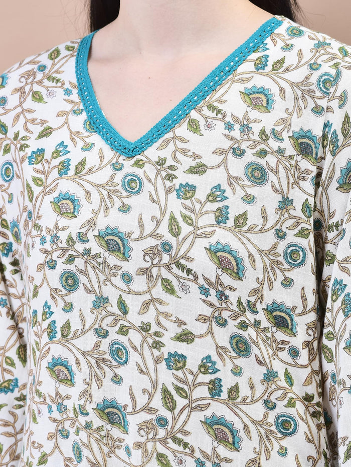 Women Cotton Off-White Teal Floral Print Kurta Comfort Pant Dupatta.