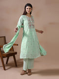 Women Cotton Voile Green Embroidered Kurta Pant Dupatta.