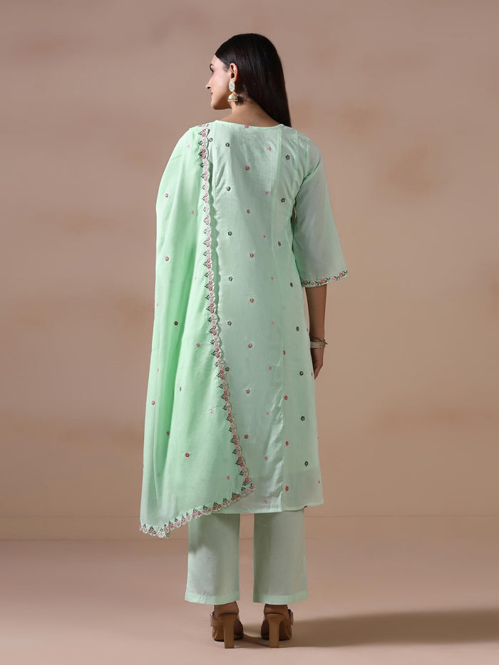 Women Cotton Voile Green Embroidered Kurta Pant Dupatta.
