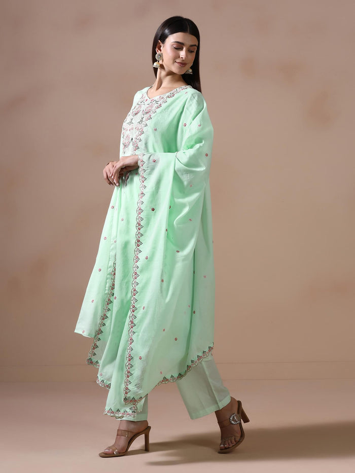 Women Cotton Voile Green Embroidered Kurta Pant Dupatta.