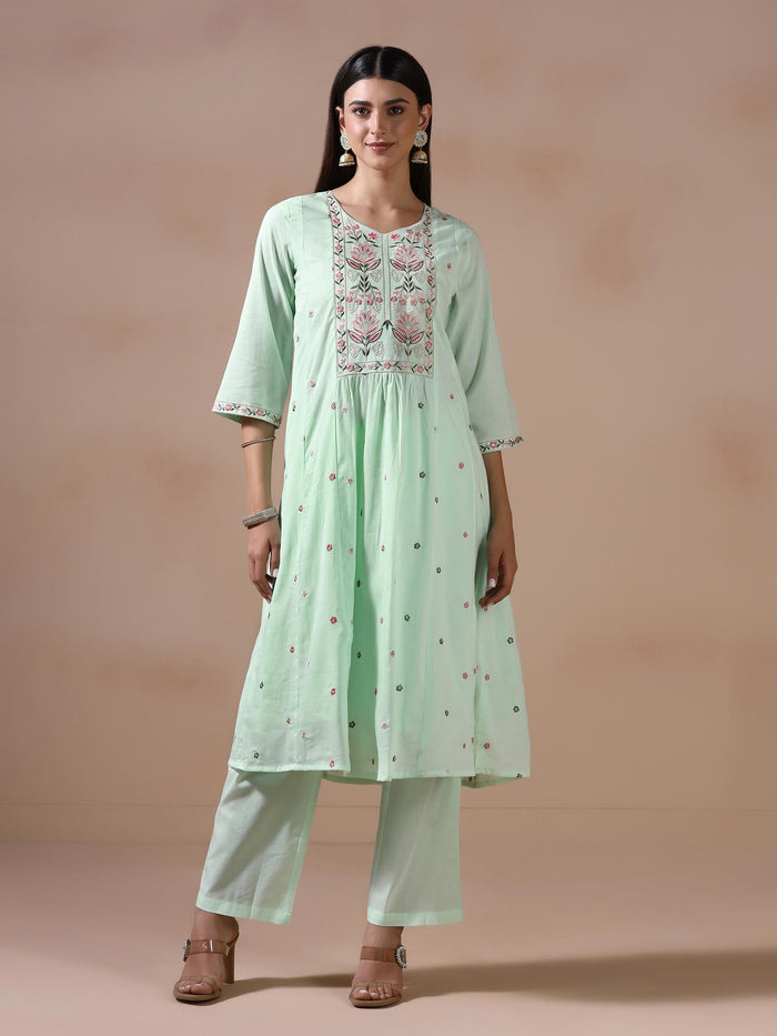 Women Cotton Voile Green Embroidered Kurta Pant Dupatta.