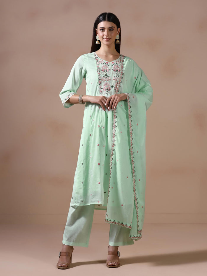 Women Cotton Voile Green Embroidered Kurta Pant Dupatta.