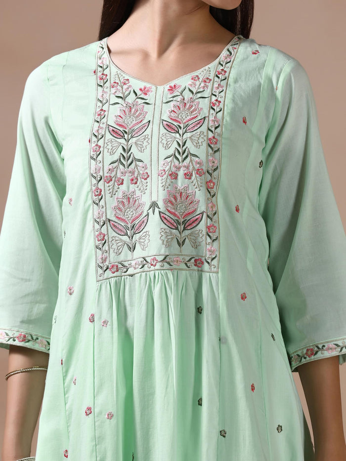 Women Cotton Voile Green Embroidered Kurta Pant Dupatta.