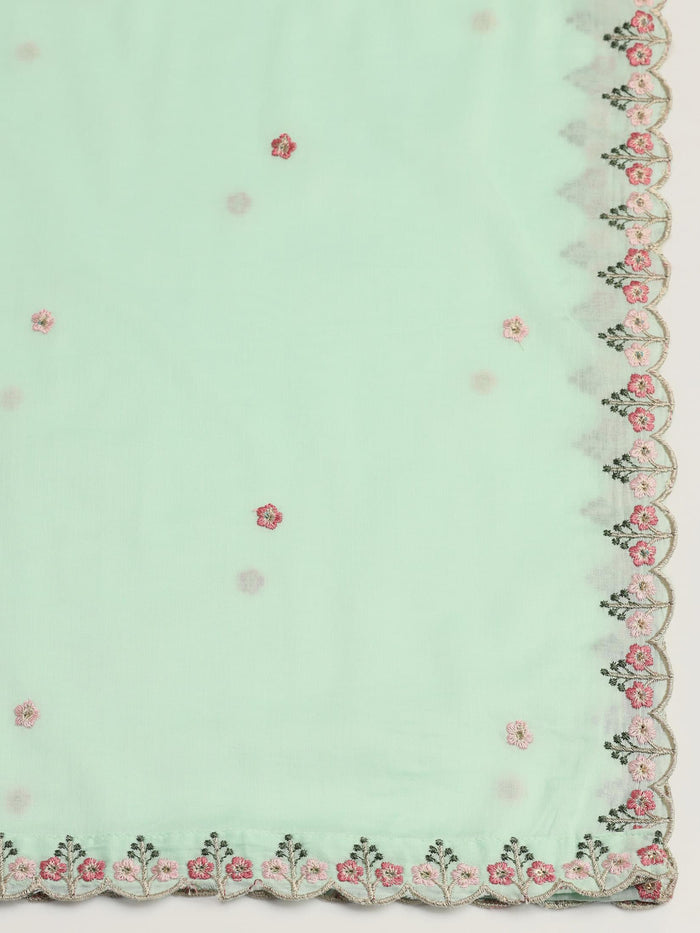Women Cotton Voile Green Embroidered Kurta Pant Dupatta.