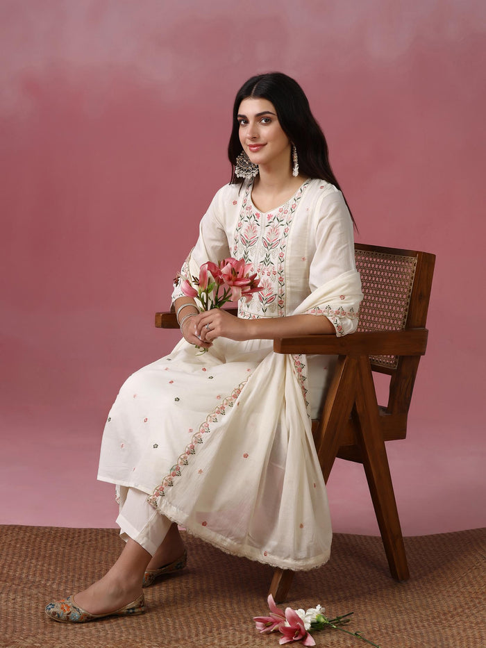 Women Cotton Voile Off White Embroidered Kurta Pant Dupatta.