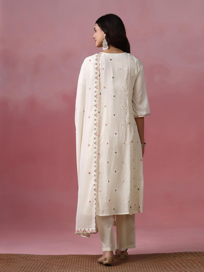 Women Cotton Voile Off White Embroidered Kurta Pant Dupatta.