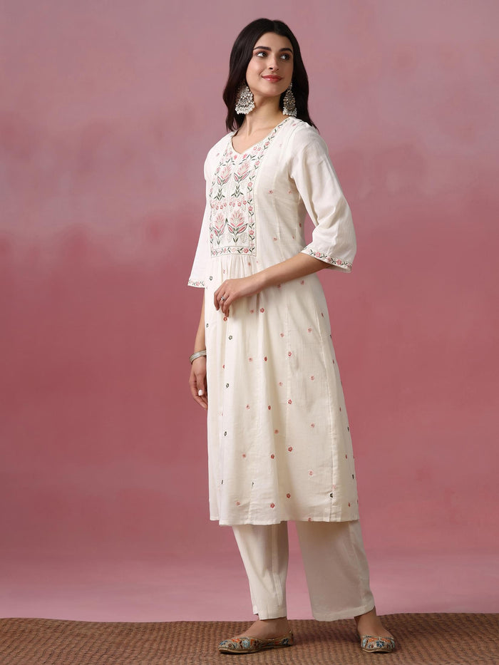 Women Cotton Voile Off White Embroidered Kurta Pant Dupatta.