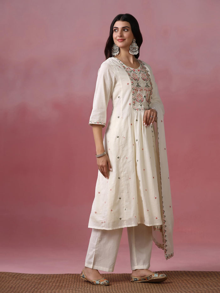 Women Cotton Voile Off White Embroidered Kurta Pant Dupatta.