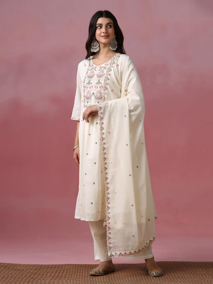 Women Cotton Voile Off White Embroidered Kurta Pant Dupatta.