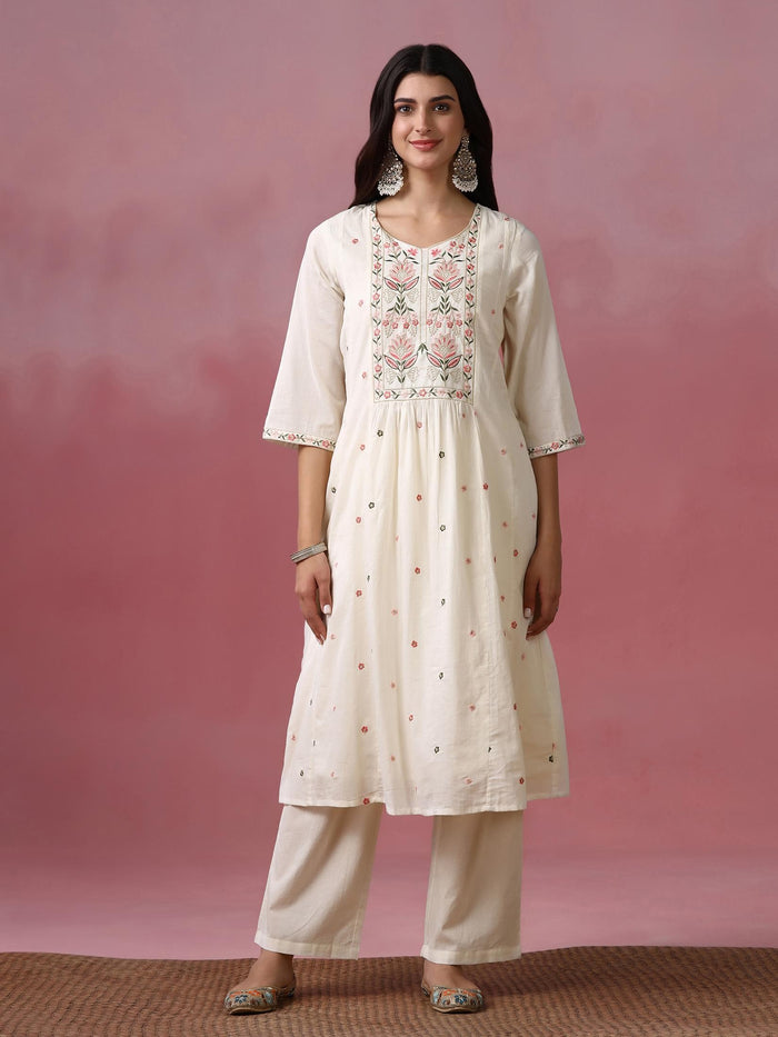 Women Cotton Voile Off White Embroidered Kurta Pant Dupatta.