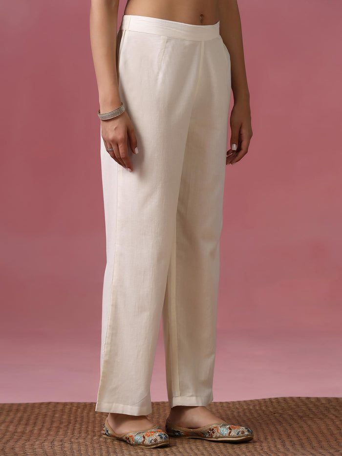 Women Cotton Voile Off White Embroidered Kurta Pant Dupatta.