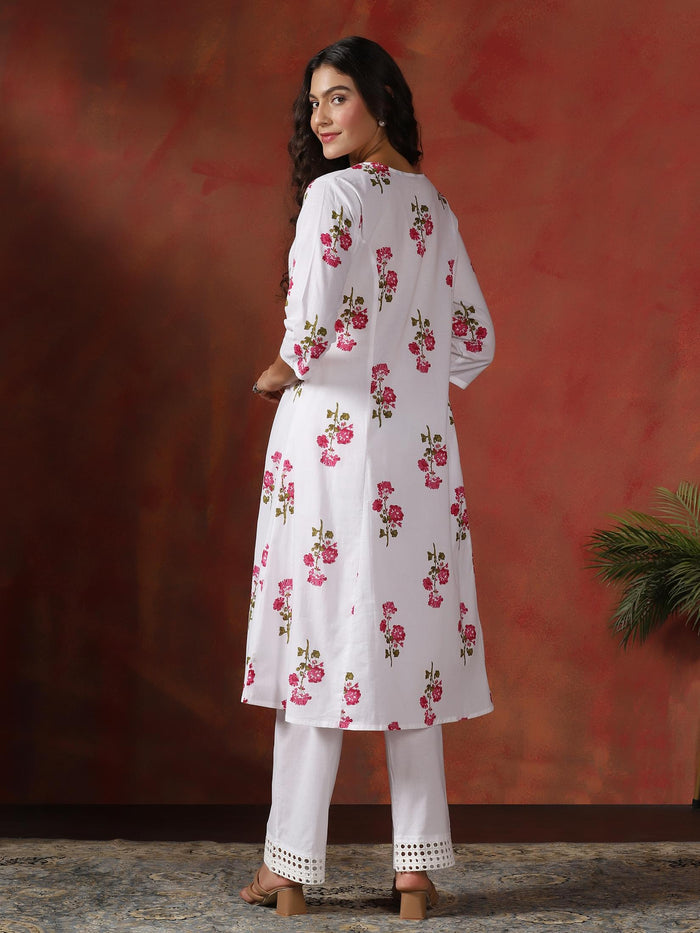 Women Cotton White Floral Print Co-Ord Set.