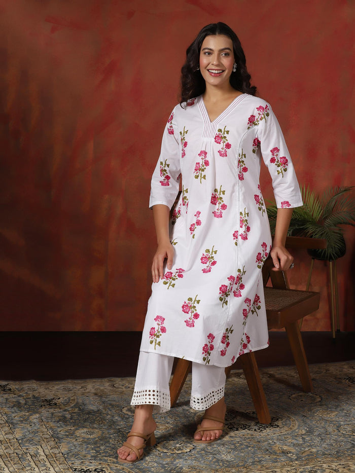 Women Cotton White Floral Print Co-Ord Set.