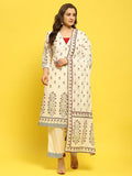 Women Cotton White Floral Print Kurta Comfort Pant Dupatta.