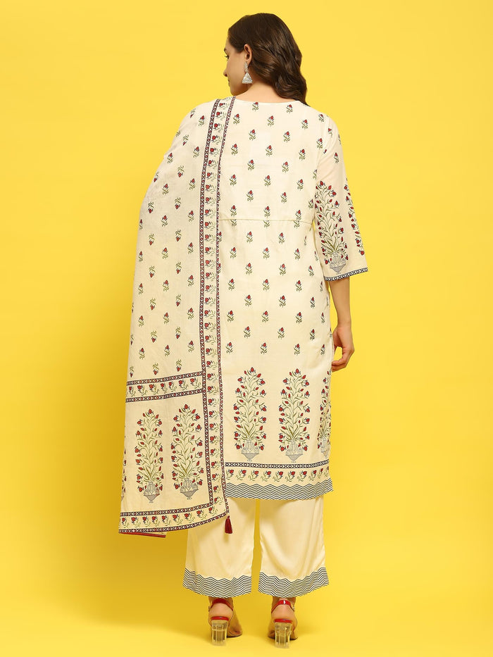 Women Cotton White Floral Print Kurta Comfort Pant Dupatta.