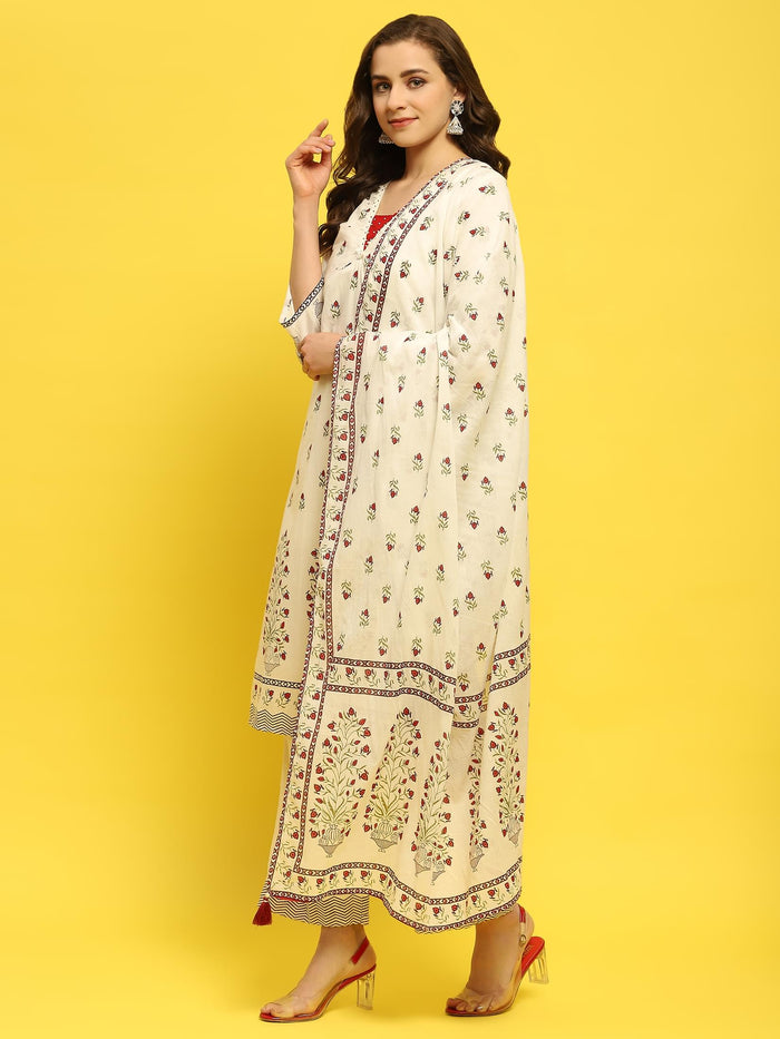 Women Cotton White Floral Print Kurta Comfort Pant Dupatta.