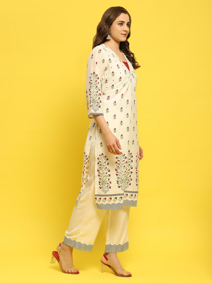 Women Cotton White Floral Print Kurta Comfort Pant Dupatta.