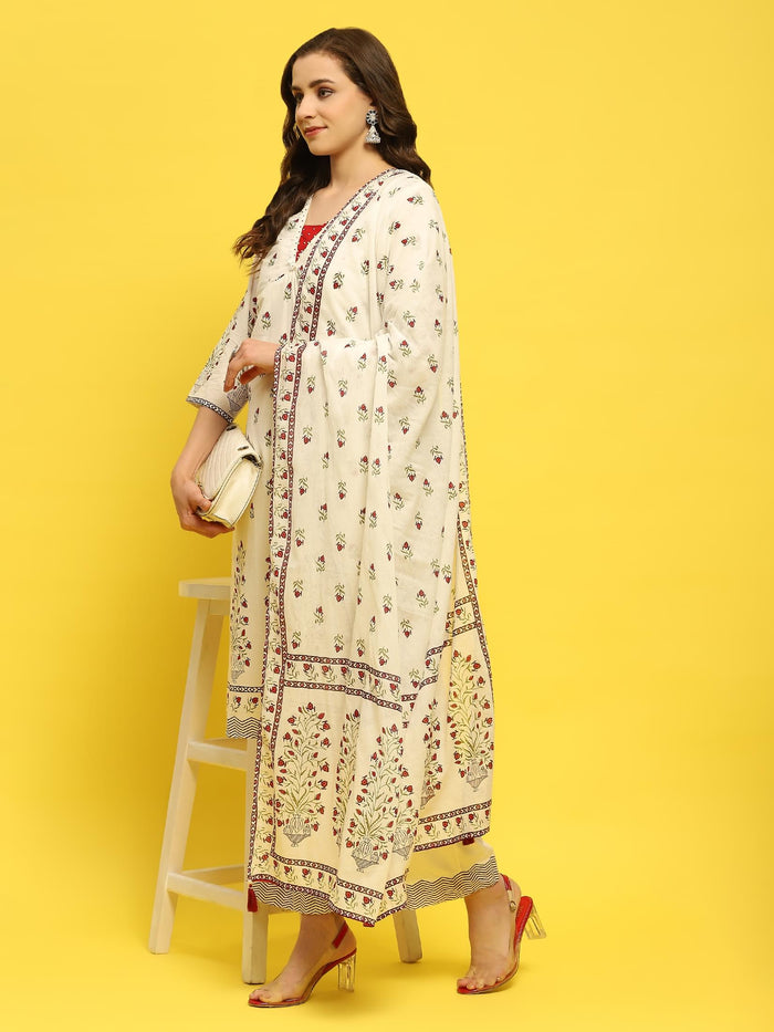 Women Cotton White Floral Print Kurta Comfort Pant Dupatta.