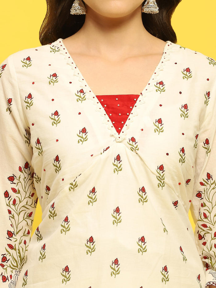 Women Cotton White Floral Print Kurta Comfort Pant Dupatta.