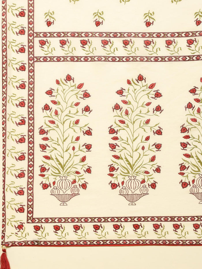 Women Cotton White Floral Print Kurta Comfort Pant Dupatta.