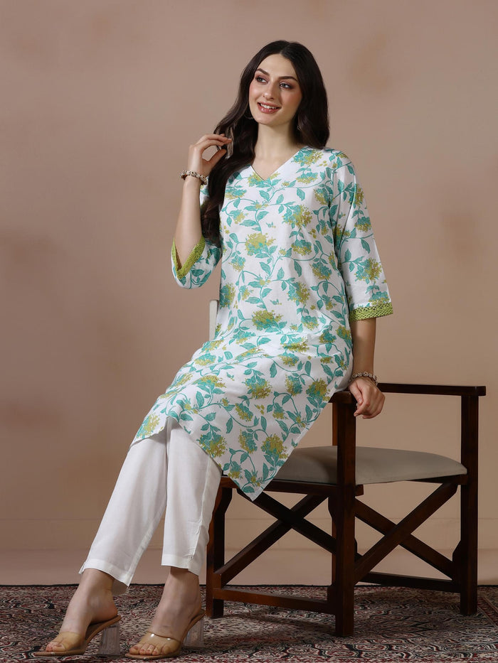 Women Cotton White Printed Kurta.