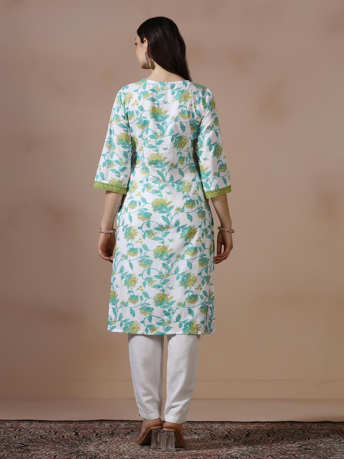Women Cotton White Printed Kurta.