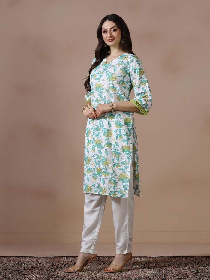 Women Cotton White Printed Kurta.