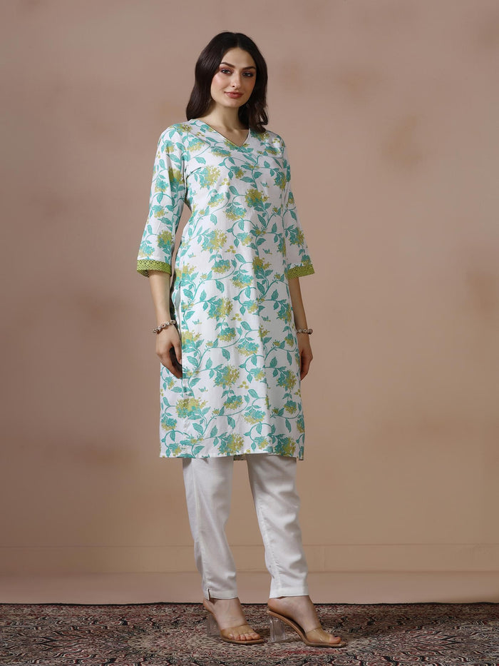 Women Cotton White Printed Kurta.