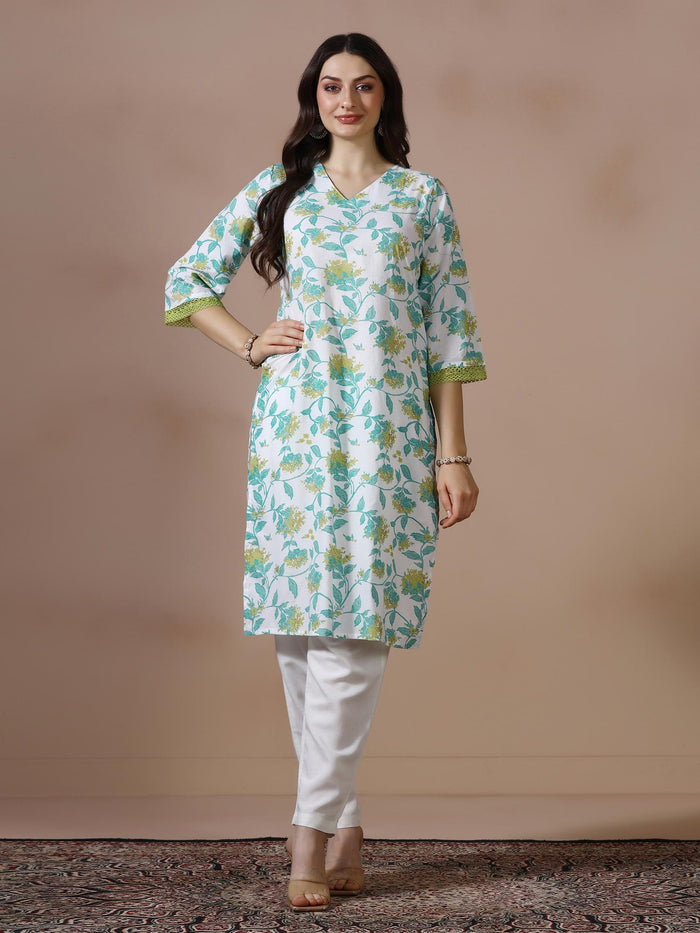 Women Cotton White Printed Kurta.