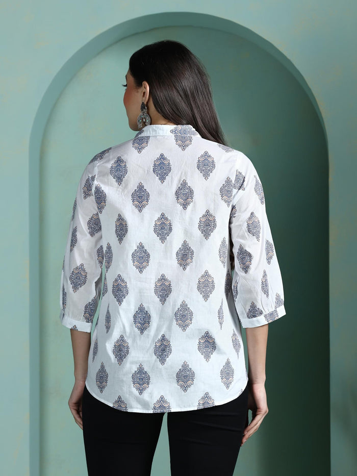 Women Cotton White Printed Tunic.
