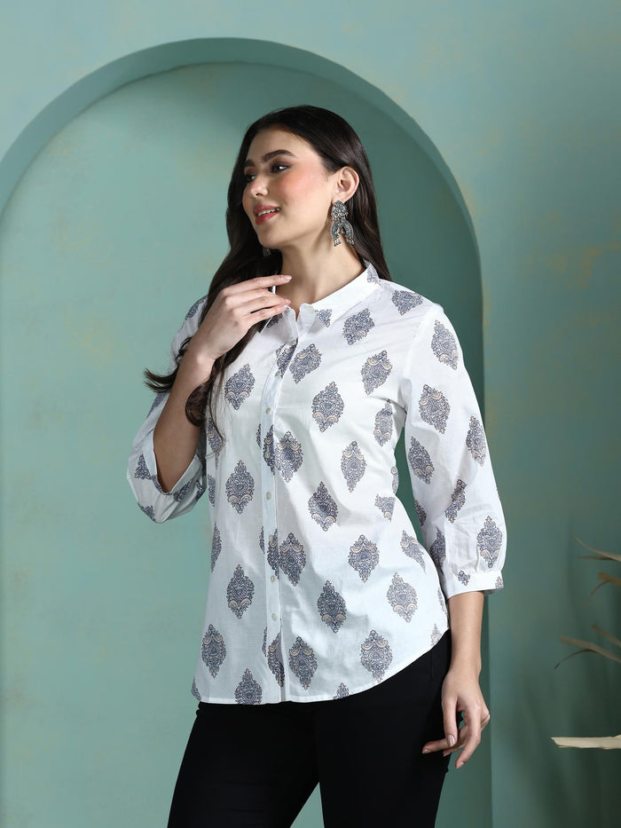 Women Cotton White Printed Tunic.