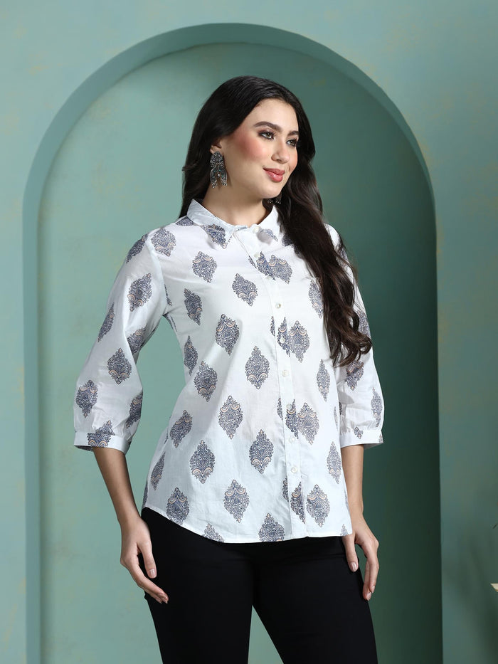 Women Cotton White Printed Tunic.