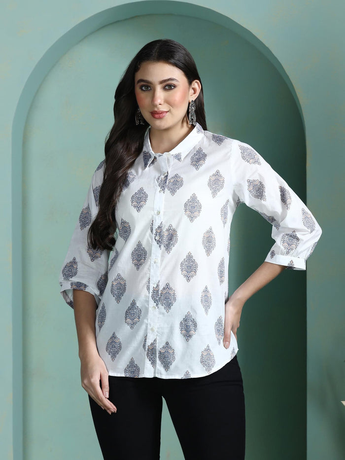 Women Cotton White Printed Tunic.