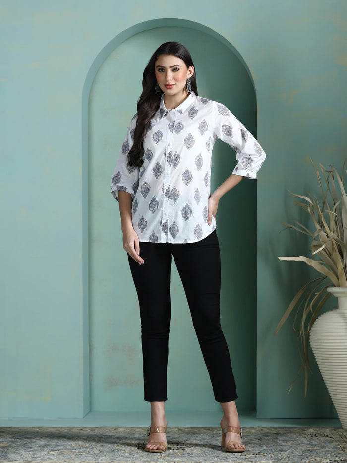 Women Cotton White Printed Tunic.
