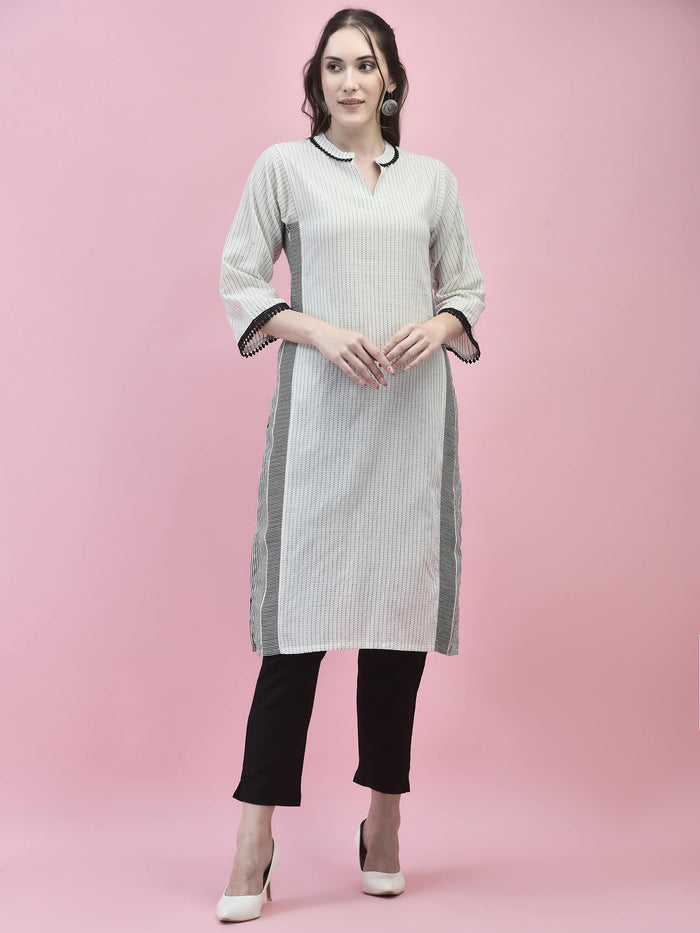 Women Cotton White Stripe Print Kurta.