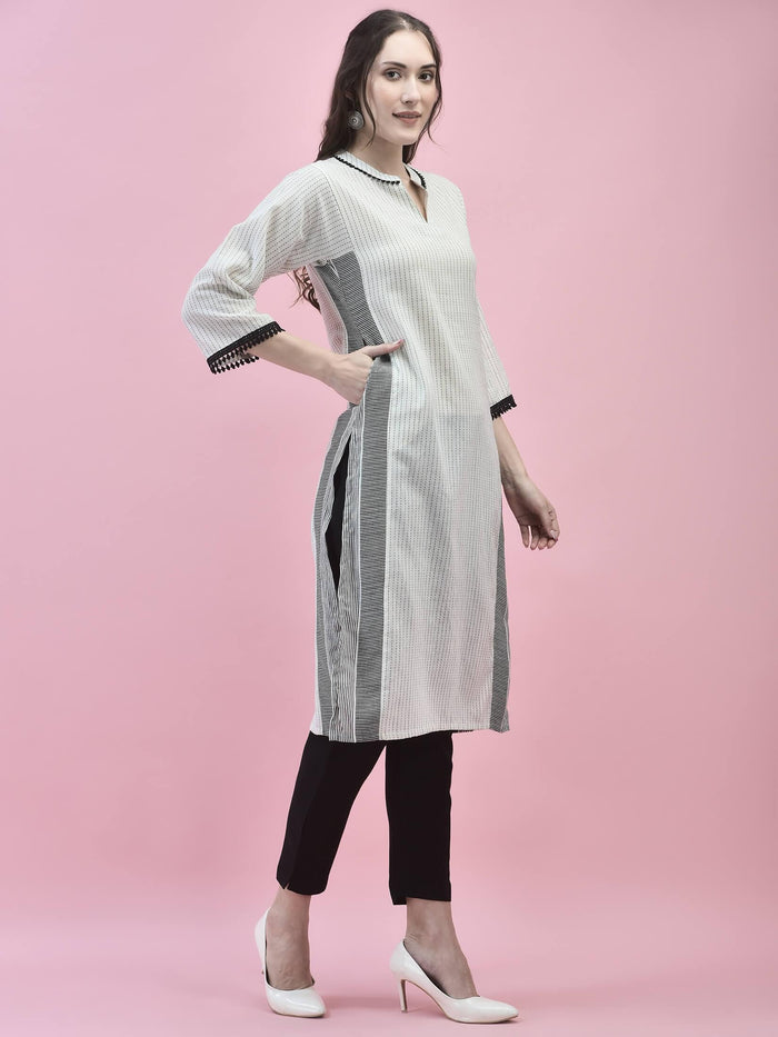 Women Cotton White Stripe Print Kurta.