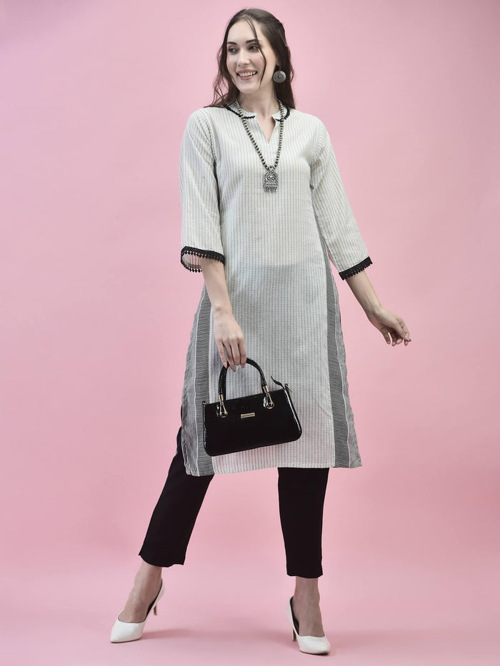 Women Cotton White Stripe Print Kurta.