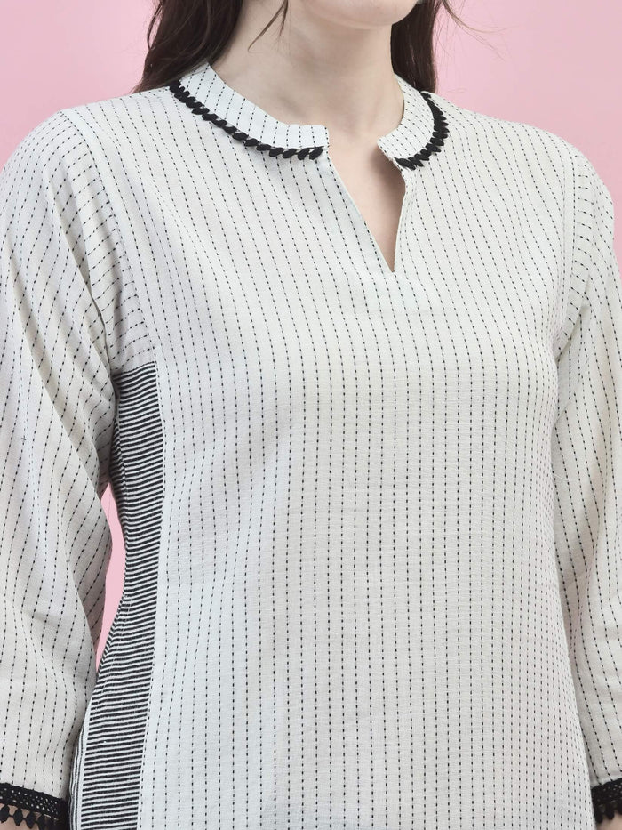 Women Cotton White Stripe Print Kurta.