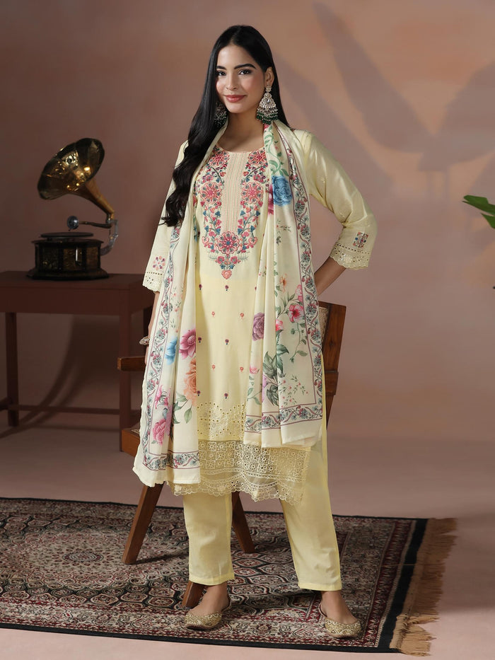 Women Cotton Yellow Embroidered Kurta Comfort Pant Dupatta.