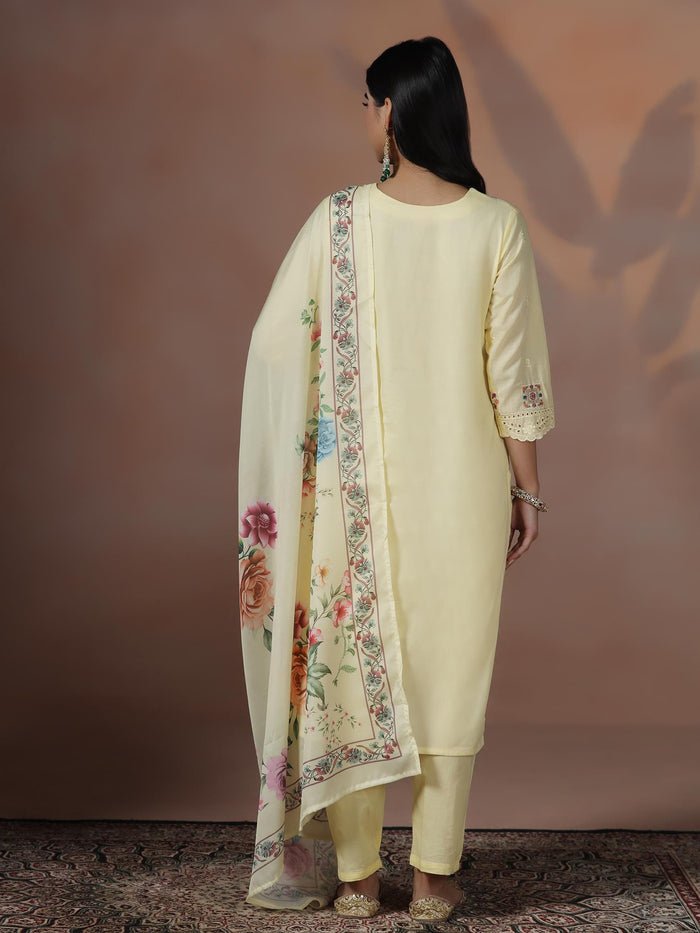 Women Cotton Yellow Embroidered Kurta Comfort Pant Dupatta.