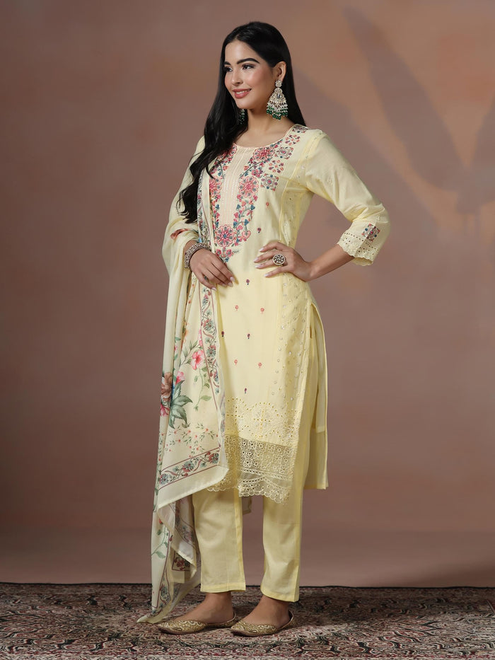 Women Cotton Yellow Embroidered Kurta Comfort Pant Dupatta.