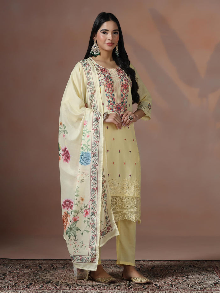 Women Cotton Yellow Embroidered Kurta Comfort Pant Dupatta.