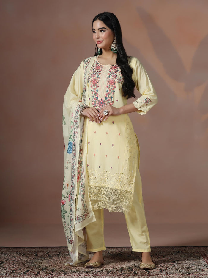Women Cotton Yellow Embroidered Kurta Comfort Pant Dupatta.
