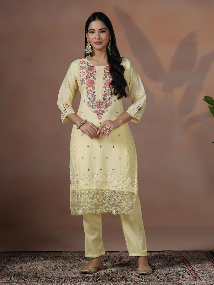 Women Cotton Yellow Embroidered Kurta Comfort Pant Dupatta.