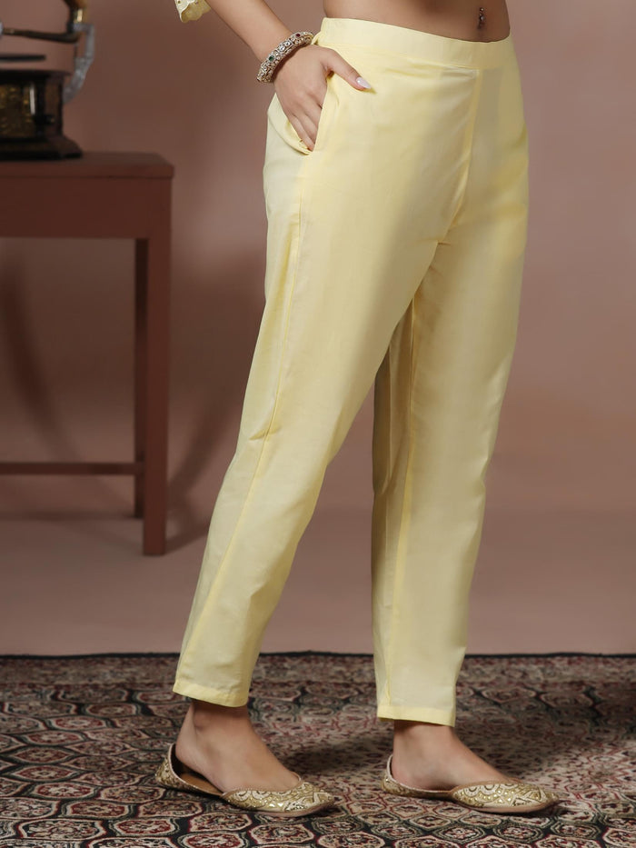 Women Cotton Yellow Embroidered Kurta Comfort Pant Dupatta.