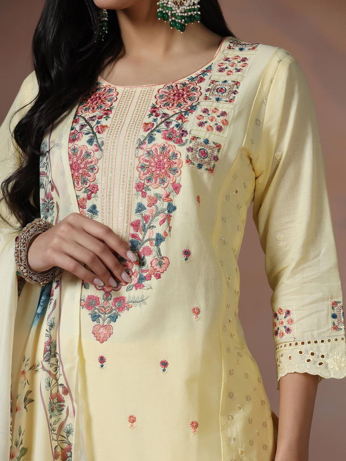 Women Cotton Yellow Embroidered Kurta Comfort Pant Dupatta.