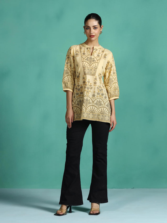 Women Cotton Yellow Printed Tunic.