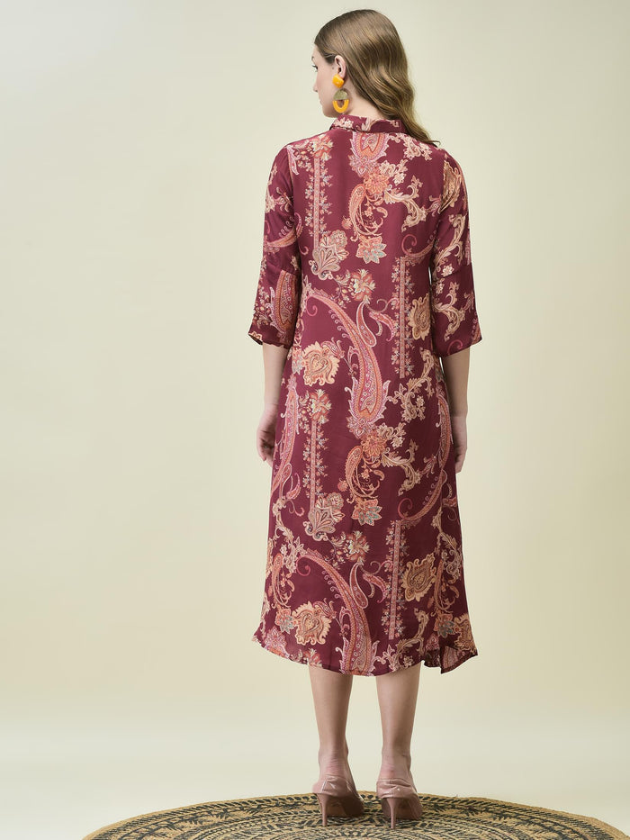 Women Crepe Burgundy Paisley Print Dress.